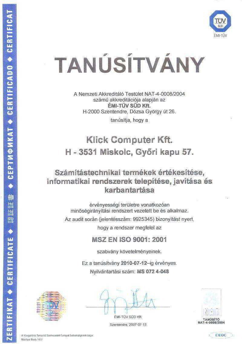 Klick Computer Hungary Kft. TÜV tanúsítvány